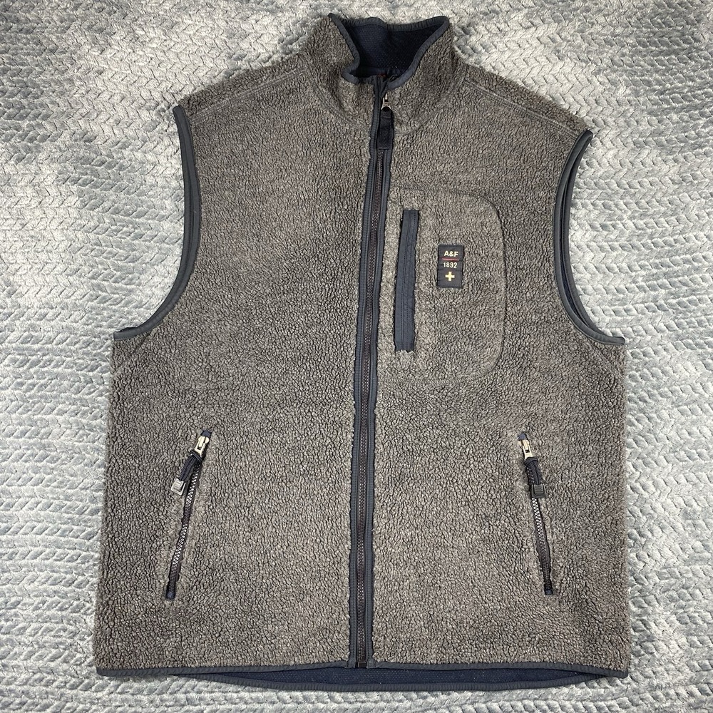 Abercrombie & Fitch Vintage Vest Mens XL Gray Sherpa Fleece Full Zip Outdoor Y2K